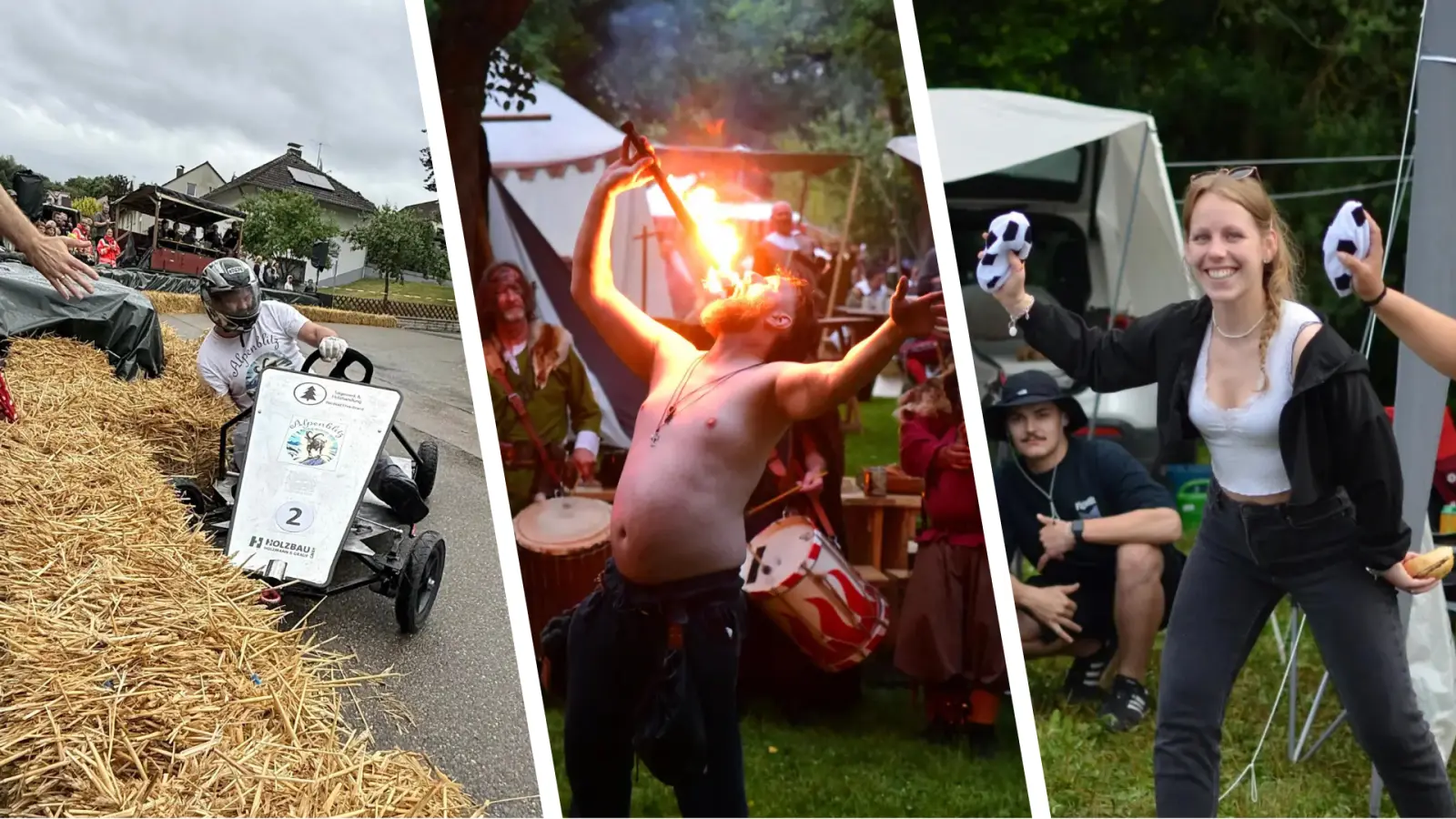 Seifenkisten-Rennen, Meistertrunk (mit und ohne Feuer) und gute Laune am Biberttal-Festival: Im Landkreis Ansbach ging es an Pfingsten hoch her. (Foto: Susanne Pöhlmann, Irmeli Pohl, Yvonne Neckermann)