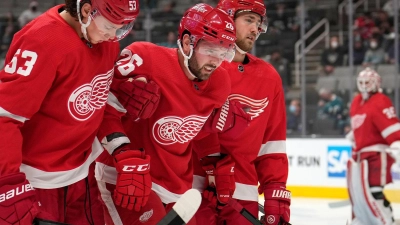 Einst Teamkollege von Moritz Seider (links) in der NHL, künftig in Ingolstadt: Eishockey-Profi Riley Barber (Mitte). (Foto: Tony Avelar/FR155217 AP/dpa)