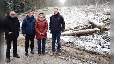 Die Rodungsarbeiten für den Bau des Radwegs zwischen Herrieden und Burgoberbach entlang der Staatsstraße 2249 haben begonnen. Bei einem Ortstermin machten sich (von links) Planer Willi Heller, Burgoberbachs Bürgermeister Gerhard Rammler, Herriedens Bürgermeisterin Dorina Jechnerer und der Herrieder Bauamtsleiter Marco Jechnerer ein Bild. (Foto: Stadt Herrieden)