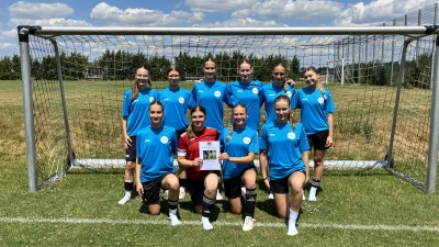 Die Mädchen-Schulfußballmannschaft des Windsbacher Johann-Sebastian-Bach-Gymnasiums ist bayerischer Vizemeister geworden. Oben, von links: Laura Magerl, Klara Wirth, Sofie Herzig, Anna Wieser, Sophie Kupfer und Emily McOscar. Unten, von links: Hannah Herzig, Sophia Renner, Sarah Fischer und Marilie Ulsenheimer. (Foto: Corinna Rackl)