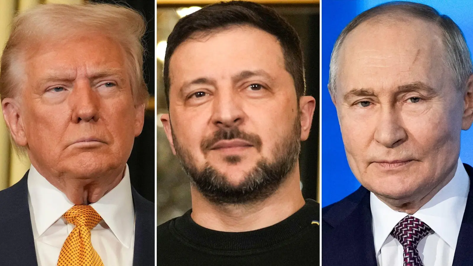 Die drei Präsidenten Trump, Selenskyj und Putin (von links) verhandeln über eine Lösung im Ukraine-Krieg. (Archivbild) (Foto: Morissard/Bednyakov/AP/dpa)