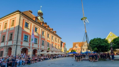 Ein buntes Treiben: Der Marktplatz von Neustadt/Aisch während die Fichte langsam und behutsam aufgestellt wird. (Foto: René Chlopotowski)