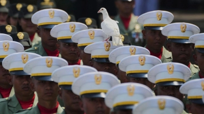 Taube landet auf Soldatenhut bei Indonesiens Unabhängigkeitsfeier (Foto: Achmad Ibrahim/AP/dpa)