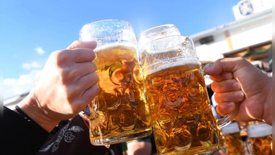 Besucher stoßen auf dem Oktoberfest mit Maßkrügen voller Bier an.  (zu dpa: «Wiesn-Bier kostet bis zu 15,80 Euro») (Foto: Felix H�rhager)