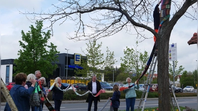 Gemeinsam wird der über 25 Meter lange Glücksschal am Baum am Ortseingang angebracht – mit tatkräftiger Unterstützung aus Nachbarschaftshilfe, Stadtverwaltung und Bauhof.<br><br>  (Foto: Martina Hinkelmann)