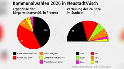Diese Grafiken aus dem Landratsamt zeigen die Ergebnisse für die Wahlen zum Bürgermeisteramt (links) und zum Stadtrat (rechts).  (Foto: Patrick Lauer)