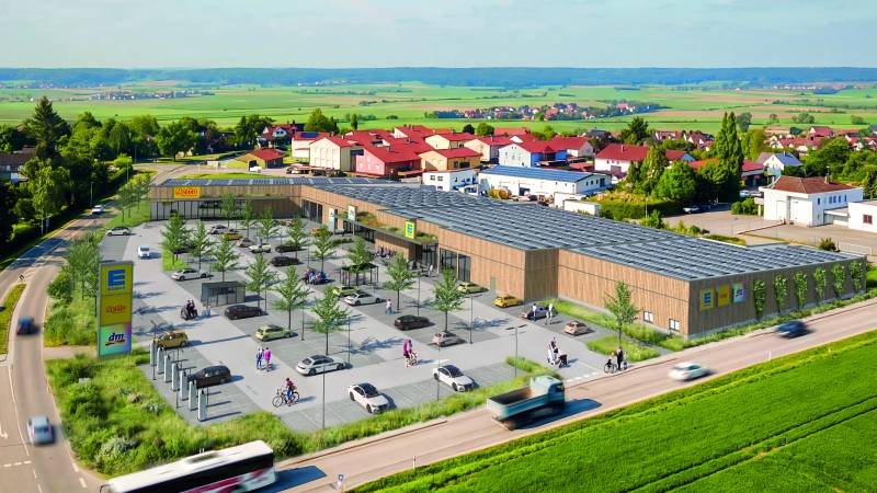 Der Ortseingang beziehungsweise -ausgang wird optisch abgerundet: Dabei setzt das geplante Nahversorgungsquartier „Am Wasserturm” auch auf ökologische Aspekte.  (Grafik: NAOS Architekturmarketing/Johannes Zettel )