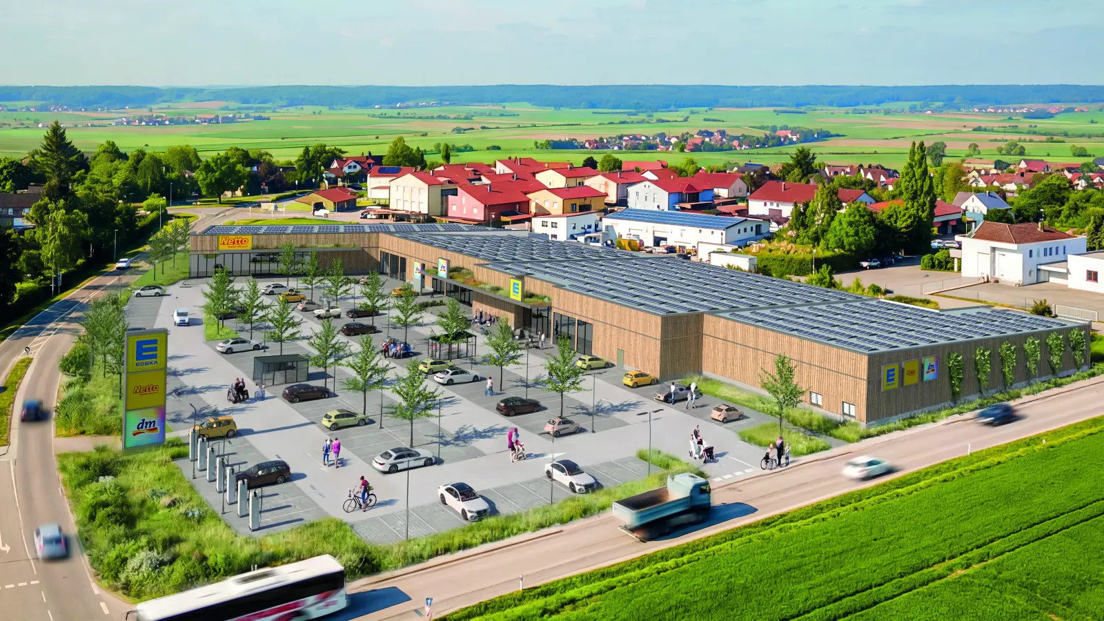 Der Ortseingang beziehungsweise -ausgang wird optisch abgerundet: Dabei setzt das geplante Nahversorgungsquartier „Am Wasserturm” auch auf ökologische Aspekte.  (Grafik: NAOS Architekturmarketing/Johannes Zettel )