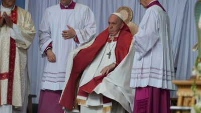 Papst Franziskus (M) nimmt im Commonwealth Stadium an einer öffentlichen Messe teil. (Foto: Gregorio Borgia/AP/dpa)