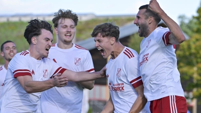 Moritz Herboldsheimer, Luca Glanz, Torschütze Louis Hirschmann und Adam Roth jubeln über das 1:0 für Neuendettelsau. (Foto: Martin Rügner)