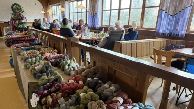 Geduldig warteten die Wollbündel beim Strick-Spinntreff in Gollhofen darauf, von kreativen Künstlern und Künstlerinnen in schicke Outfits verwandelt zu werden. (Foto: Sylvia Fehlinger)