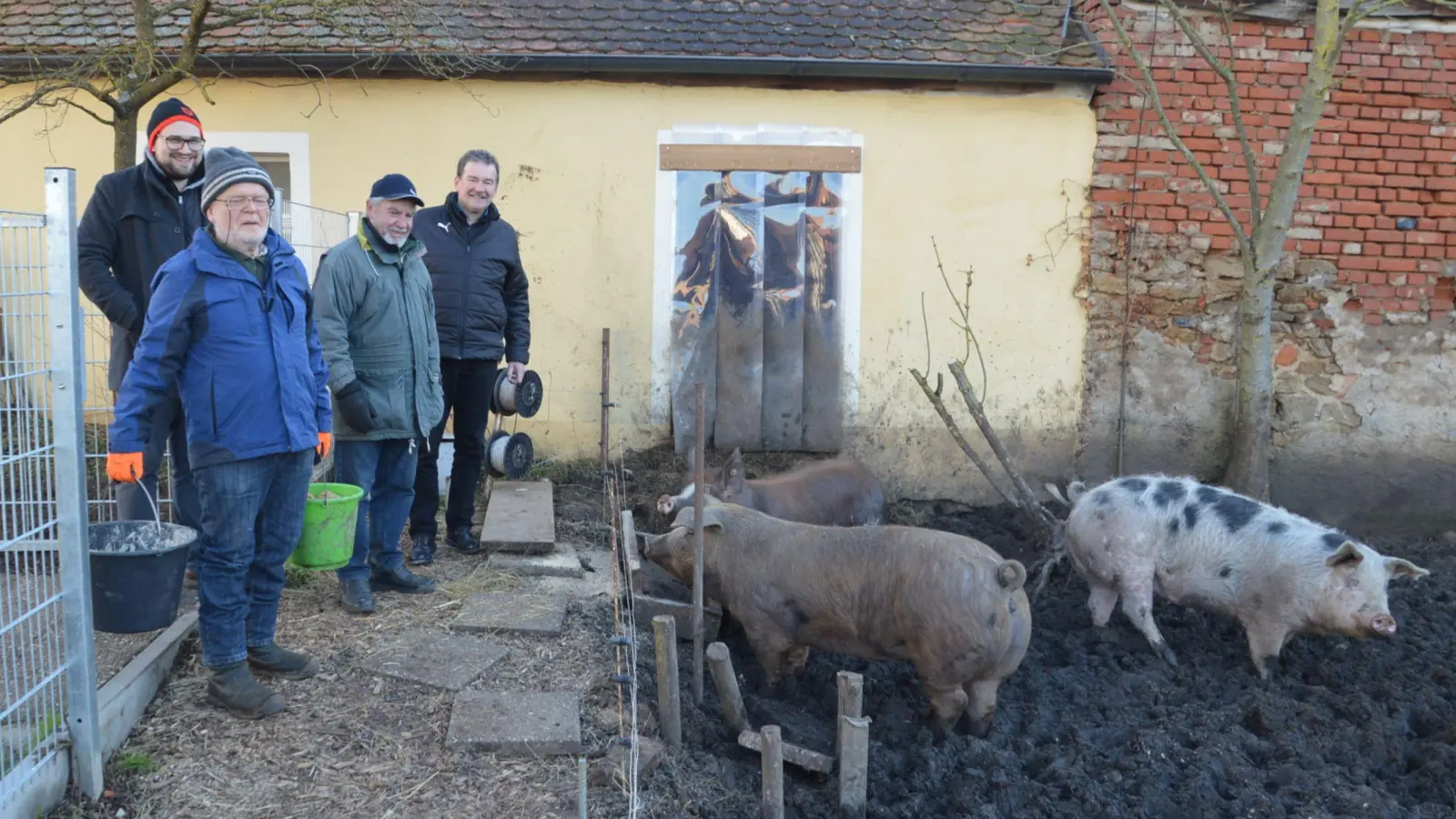 Die „Pfarrgartensauen“ wurden von Rudi Neumann, Walter Dannenbauer und Roland Fickel (von links) – hier mit Pfarrer Christian Dellert (hinten, links) – in den vergangenen Monaten versorgt. (Foto: Peter Tippl)