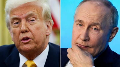 Einer redet, der andere blickt skeptisch: Der Kreml hält nichts von Trumps Versuch, Frieden durch Druck auf Moskau zu erzwingen. (Archivbild) (Foto: Pavel Bednyakov/AP/Pool via AP/dpa)