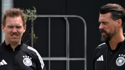 Julian Nagelsmann (l) und Sandro Wagner beim letzten gemeinsamen DFB-Training. (Foto: Federico Gambarini/dpa)