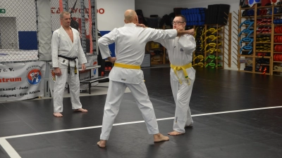 Im Trainingsraum der Taekwondo-Abteilung des DTV Diespeck. Hinten Trainer Holger Tanzberger und vorne Christian Tanzer und sein Sohn Joni, der trotz Downsyndrom ein guter Kampfsportler wurde und wird.  (Foto: Christa Frühwald)