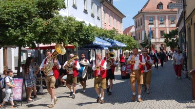 Am Marktplatz setzt sich der Zug in Bewegung, angeführt von den „Altmannshäuser Musikanten“. (Foto: Christa Frühwald )