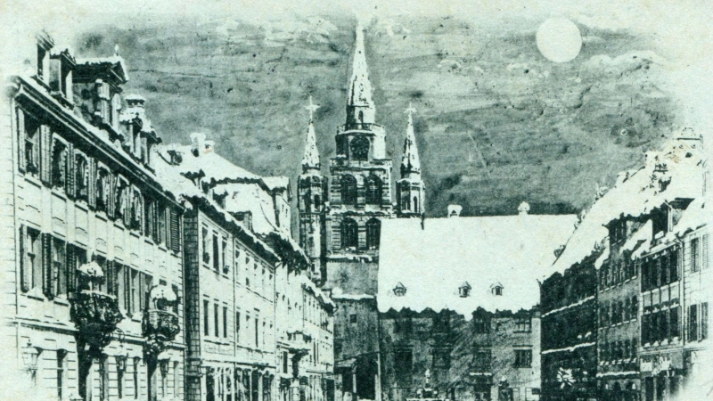 Die schneebedeckten Dächer der Altstadt auf einer historischen Postkarte: So romantisch die Szenerie auch ist, die Menschen sehnen sich im März 1926 doch sehr nach dem Frühling.  (Repro: Sammlung Martin Schuster)