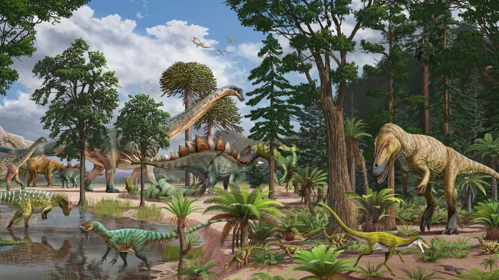 Künstlerische Darstellung des Ökosystems der Dry Mesa Dinosaur Quarry vor etwa 150 Millionen Jahren im heutigen US-Staat Colorado (Foto: Sergey Krasovskiy; Pedro Salas/EurekAlert/dpa)