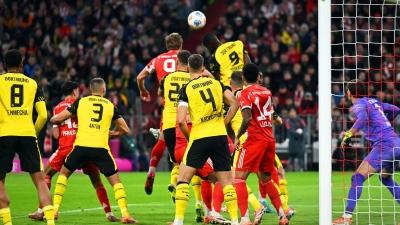 Harry Kane (hinten, Mitte l) brachte den FC Bayern früh in Führung. (Foto: Sven Hoppe/dpa)
