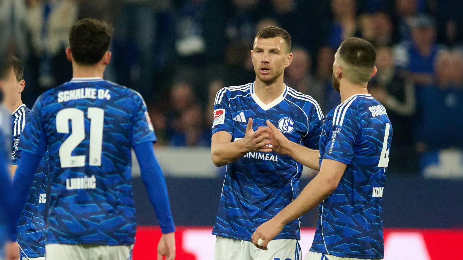 Stürmer Edin Dzeko (M) traf auch in seinem vierten Heimspiel für Schalke 04. (Foto: Bernd Thissen/dpa)