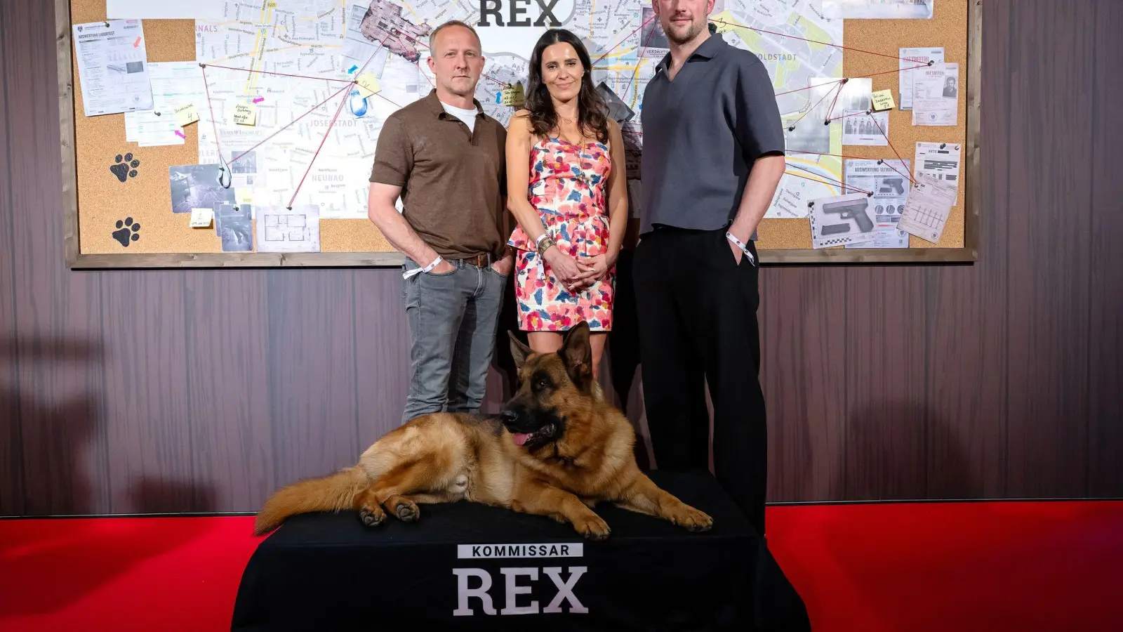 Schäferhund und Schauspielstars - von links nach rechts: Maximilian Brückner, Doris Golpashin und Ferdinand Seebacher aus der Serie „Kommissar Rex“. (Archivbild) (Foto: Sven Hoppe/dpa)