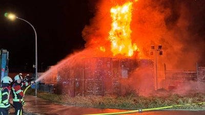 Großeinsatz der Feuerwehren Dinkelsbühl und Sinbronn: Elektroschrott, der in einem Container auf dem Gelände einer Entsorgungsfirma gelagert war, ist in Flammen aufgegangen. (Foto: FFW Dinkelsbühl)