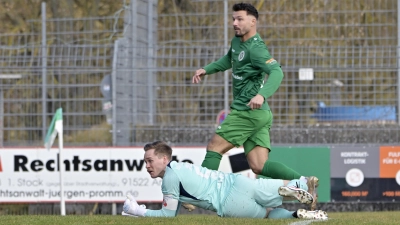 Zwei Hauptdarsteller der SpVgg Ansbach (oben Patrick Kroiß) und der SpVgg Hankofen-Hailing (Torwart Sebastian Maier) beim letzten Aufeinandertreffen in Ansbach. Beim 6:3-Sieg in Hankofen bereitete Kroiß drei Treffer vor, Maier verhinderte eine noch höhere Niederlage seines Teams. (Foto: Martin Rügner)