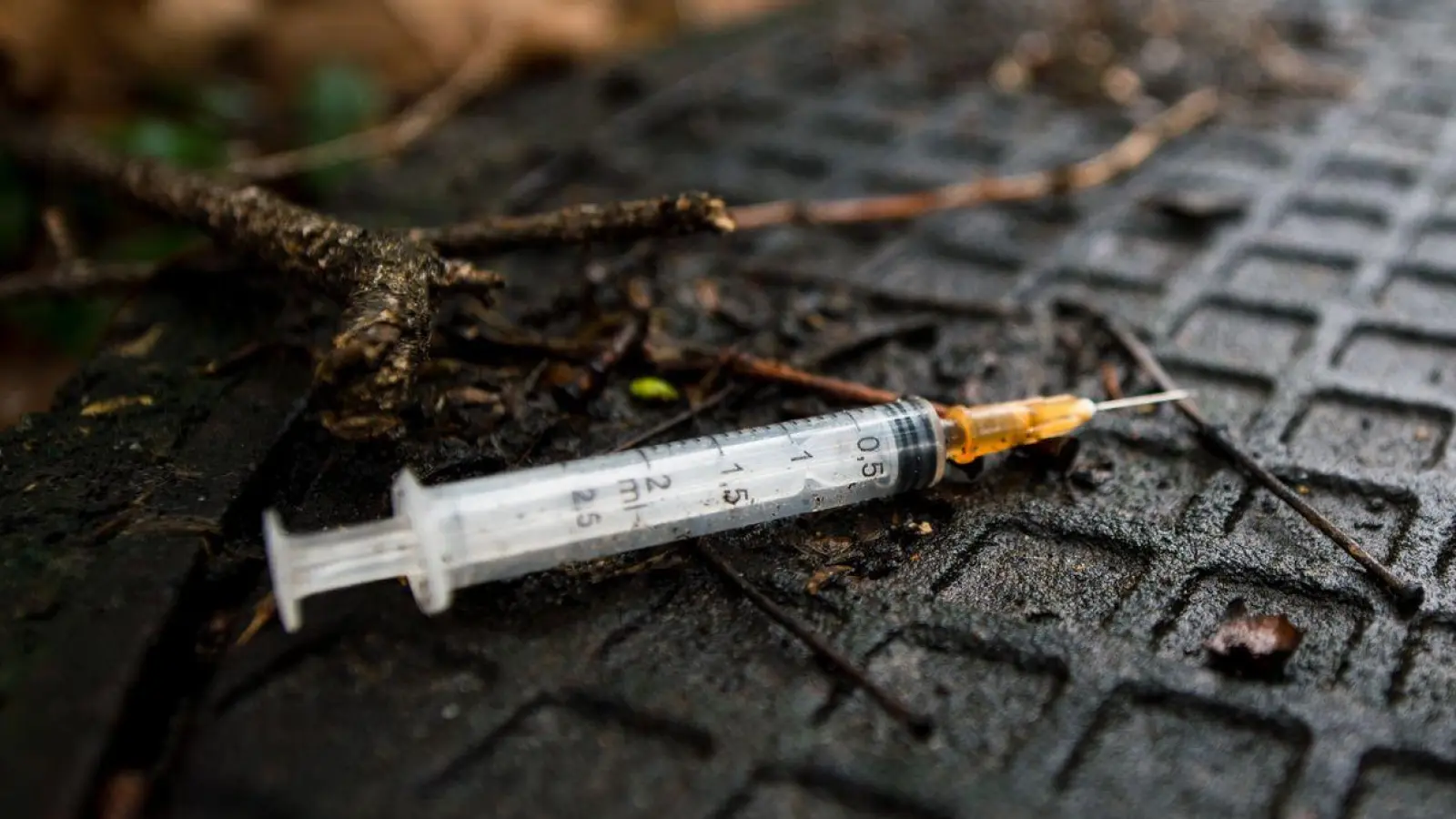 Benutzte Spritze im Gebüsch. Am häufigsten mit Todesfällen verbunden war weiterhin die Droge Heroin. (Foto: Felix Zahn/dpa)