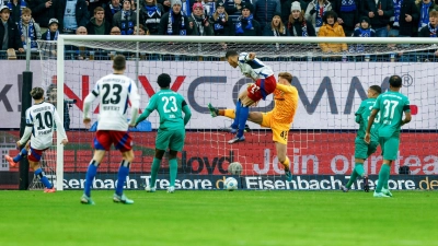 Mit seinem neunten Saisontor für den HSV zur Stelle: Davie Selke (M).  (Foto: Axel Heimken/dpa)