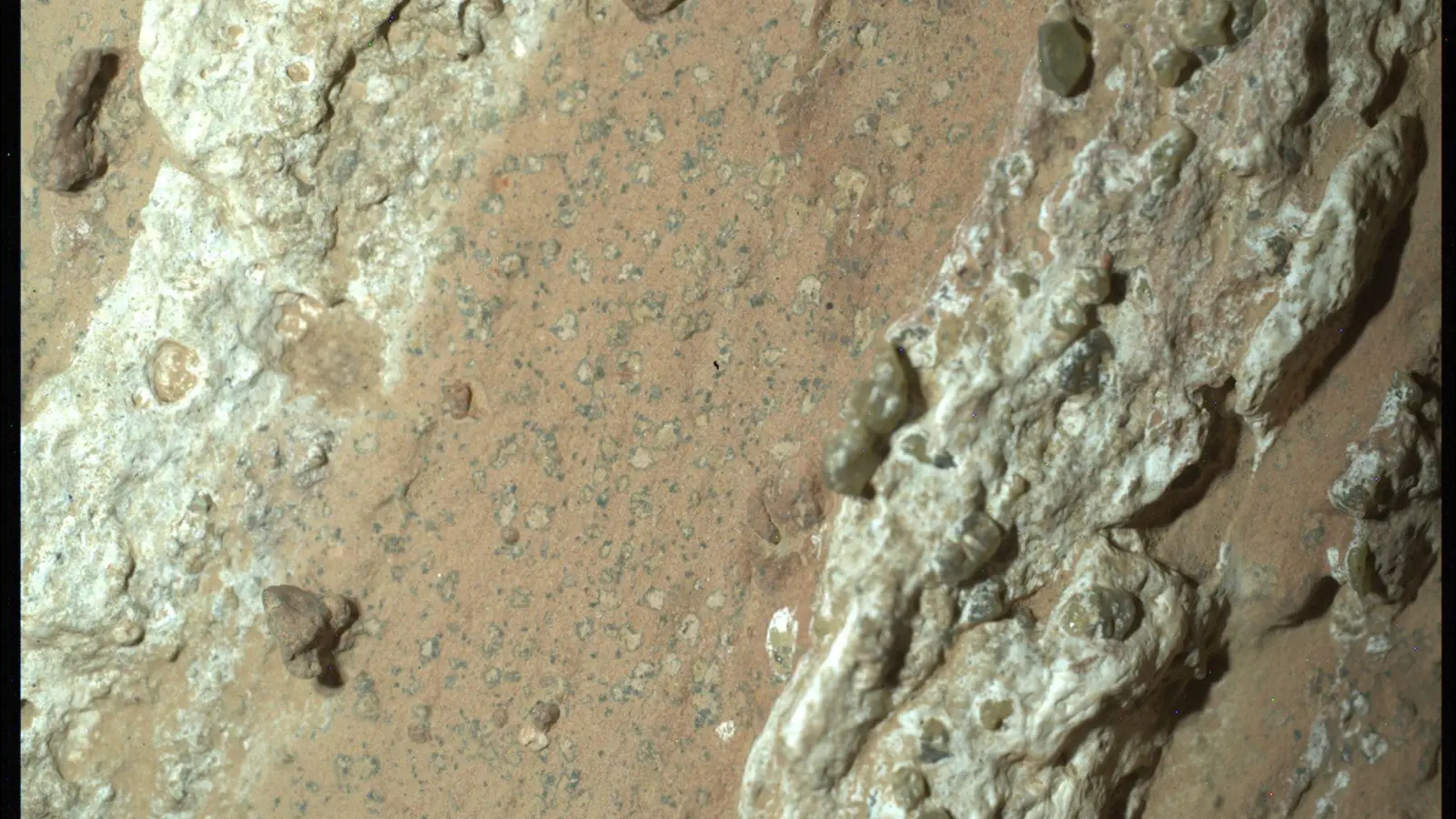 Eine vom Nasa-Rover „Perseverance“ im vergangenen Jahr auf dem Mars entnommene Gesteinsprobe könnte nach Angaben der US-Raumfahrtbehörde möglicherweise Spuren von früherem mikrobiellen Leben enthalten. (Foto: ---/NASA/JPL-Caltech/MSSS/dpa)