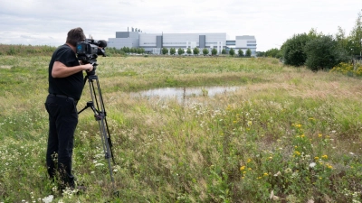 Ein Kameramann auf einer Wiese im Dresdner Stadtteil Klotzsche: In der Nähe der  Halbleiterfabrik von Bosch will auch der taiwanische Chiphersteller TSMC eine Fabrik errichten. (Foto: Sebastian Kahnert/dpa)