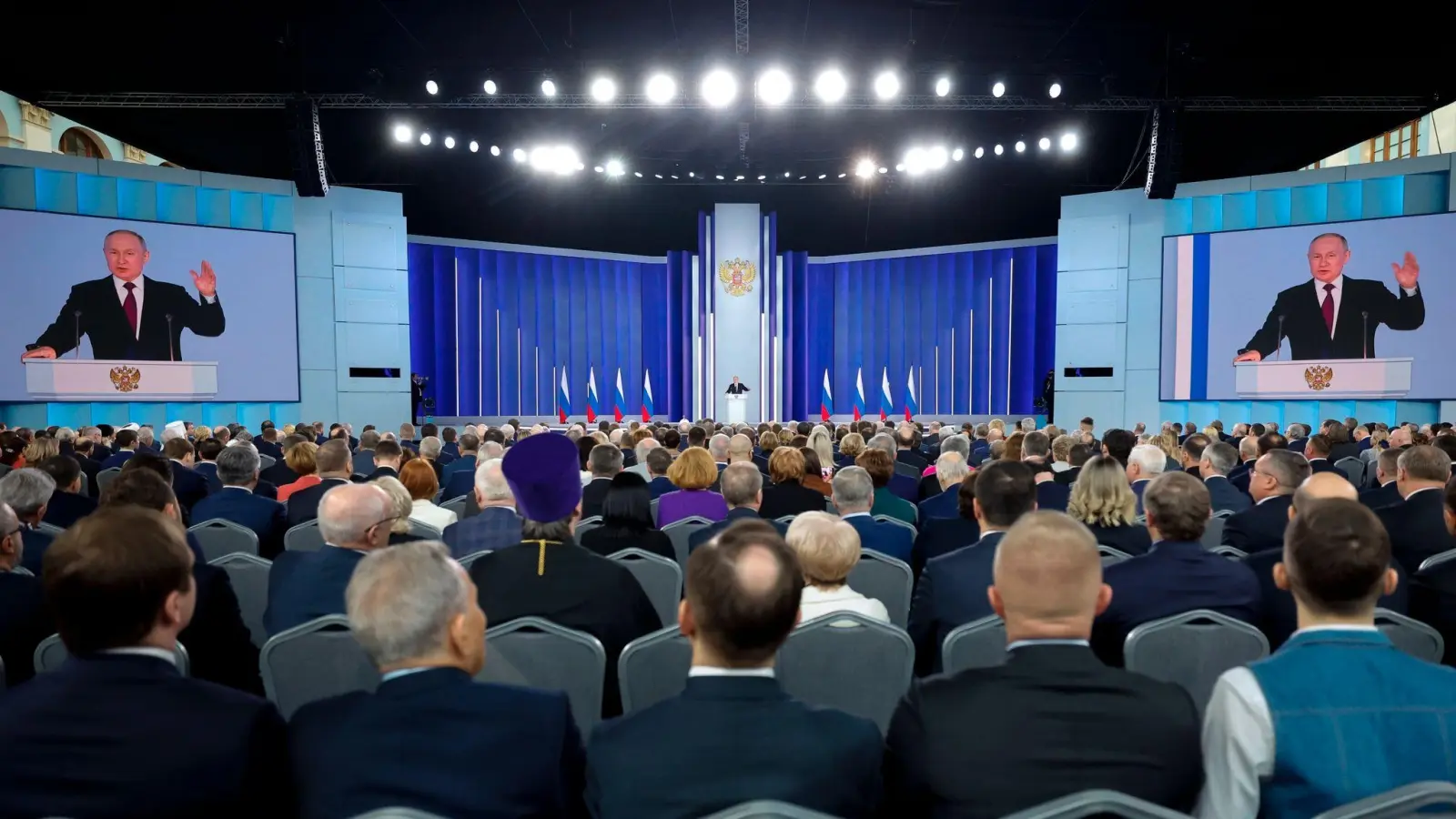 Der russische Präsident Wladimir Putin während seiner Rede zur Lage der Nation in Moskau. (Foto: Dmitry Astakhov/Sputnik/Kreml/AP/dpa)