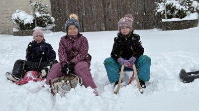 Bei so viel Schnee ist Schlittenfahren ein Muss, denken sich diese Kinder in Etzelheim. (Foto: Andrea Hirsch)