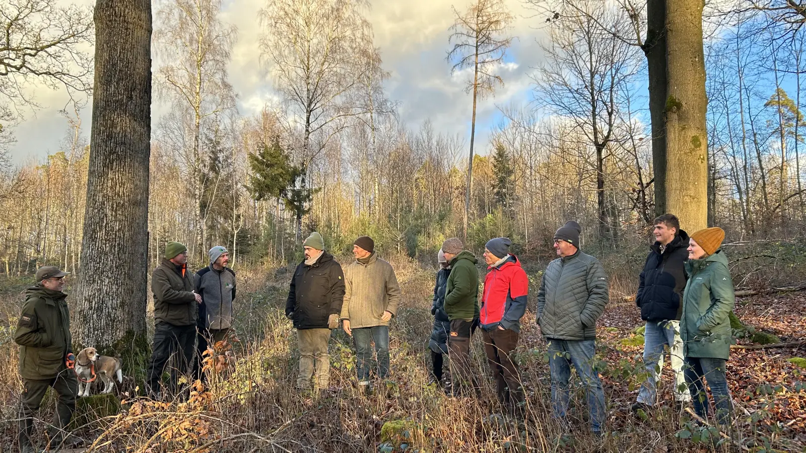 Martin Stümpfig (Mitte, helle Jacke) hatte bei Wörnitz-Mittelstetten zu einem Waldbegang geladen. (Foto: Oliver Rühl)