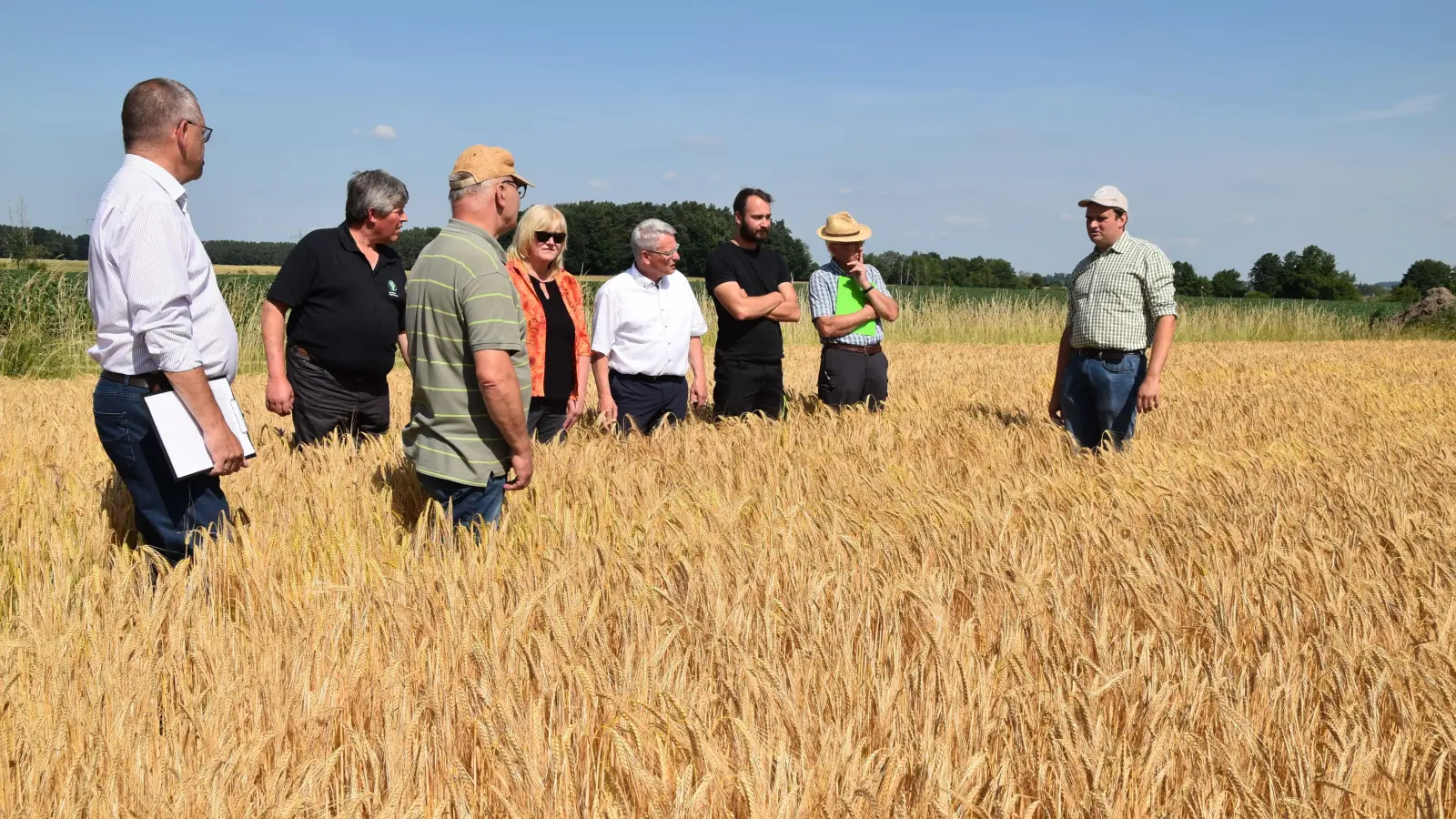 Wegen des Wassermangels ist die Reife der Gerste weit fortgeschritten, wie bei einer Vorschau auf die Ernte Markus Förster, Dieter Proff, Tobias Fischer, Hans Henninger, Christine Reitelshöfer, Heinz Förster, Fritz Hein und Bernd Nagel (von rechts) feststellten. (Foto: Fritz Arnold)
