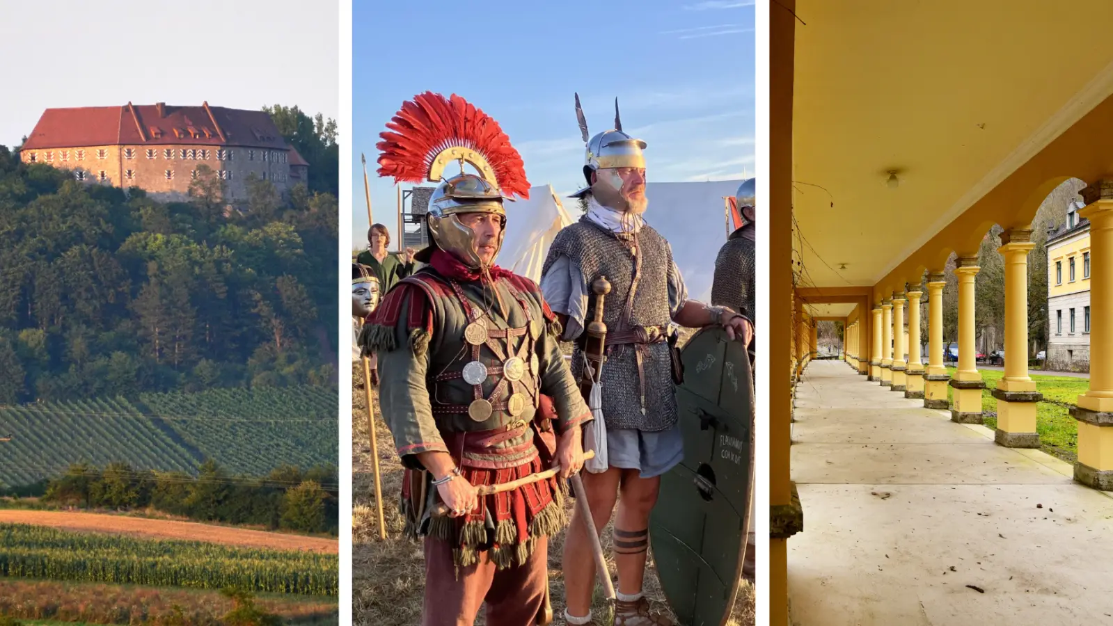 Ob auf Burg Hoheneck, am Römerpark Ruffenhofen oder im Rothenburger Wildbad: Zum Tag des offenen Denkmals 2026 gibt es an vielen Örtlichkeiten Programm. (Archivbilder: Johannes Hirschlach, Andy Lupini, Jim Albright)