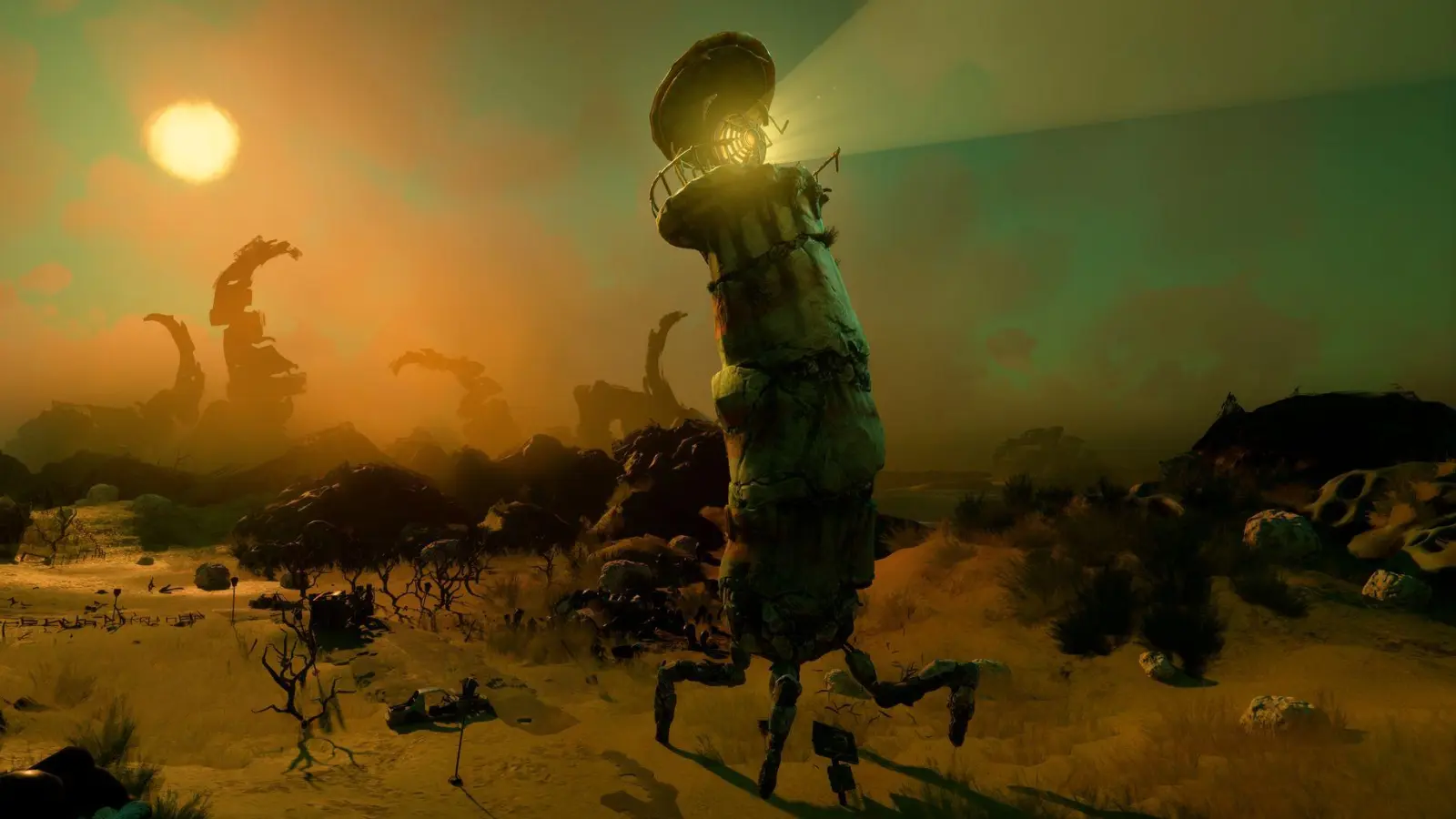 Wackelige Gehversuche: Am Anfang stolpert der Leuchtturm mit seinen neuen Beinen noch etwas unbeholfen durch die Landschaft. (Foto: Double Fine Productions/Microsoft/dpa-tmn)