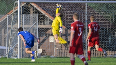 Der ESV Ansbach-Eyb holte im Stadtderby beim TSV Elpersdorf seinen zweiten Punkt. Hier erzielt Max Balbach (in Blau) das 1:1 für die Eyber, TSV-Torwart Luca Danielis kann den Einschlag nicht verhindern. (Foto: Martin Rügner)