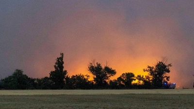 Flammen eines Wald- und Vegetationsbrandes in der Gohrischheide sind über weite Entfernung zu sehen. (zu dpa: «Waldbrand in Gohrischheide «eskaliert» - Evakuierungen») (Foto: Daniel Wagner)