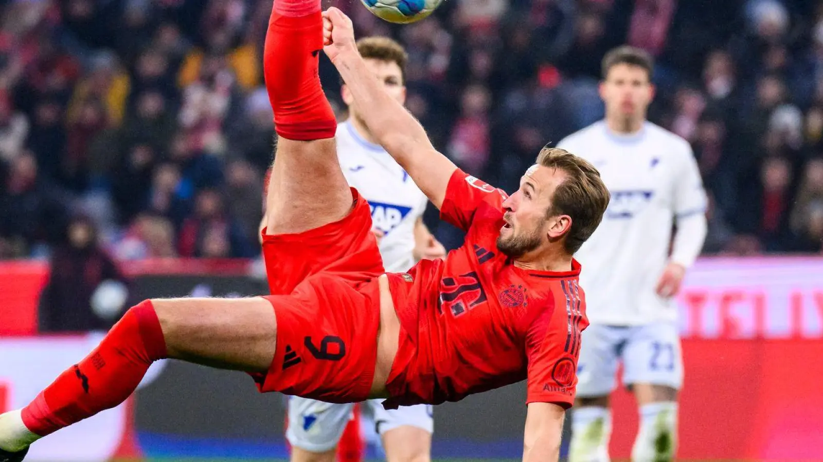 Gegen Hoffenheim versuchte es Torjäger Harry Kane auch mal spektakulär mit einem Fallrückzieher. (Foto: Tom Weller/dpa)