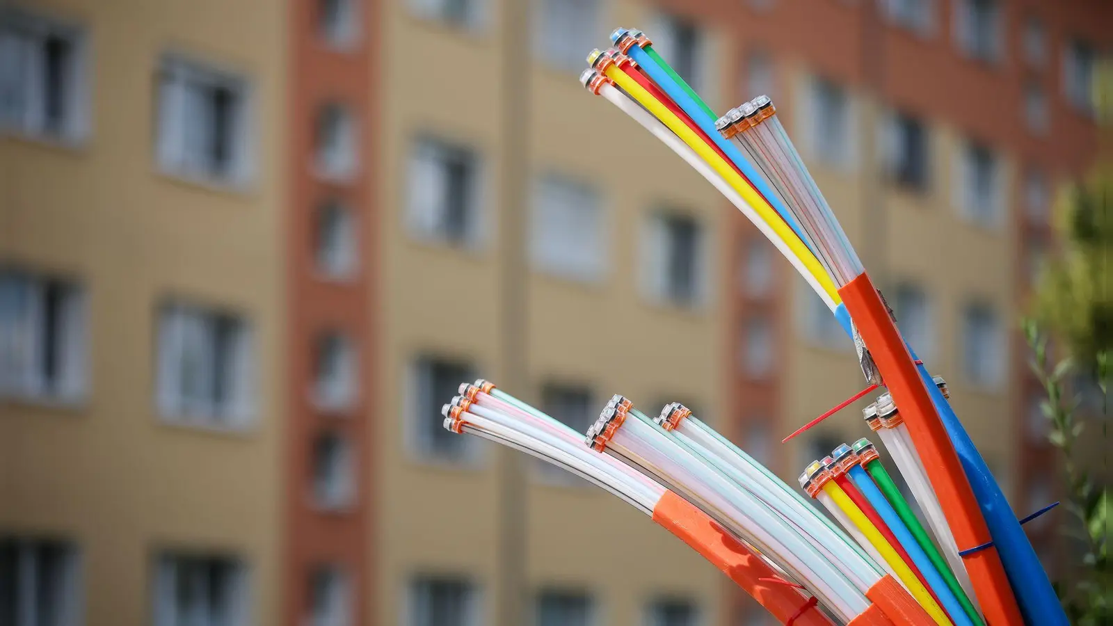 Erst mal angeschlossen, bieten sie Highspeed-Internet: Glasfaserkabel, die aus dem Sockel eines Schaltschranks herausragen. (Foto: Jan Woitas/dpa)