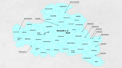 Der Stimmkreis Neustadt/Aisch - Fürth-Land zur Landtagswahl 2023: Wer hier als Direktkandidat zur Wahl steht, sehen Sie auch in unserer Bildergalerie. (Grafik: Susanne Pfahler)