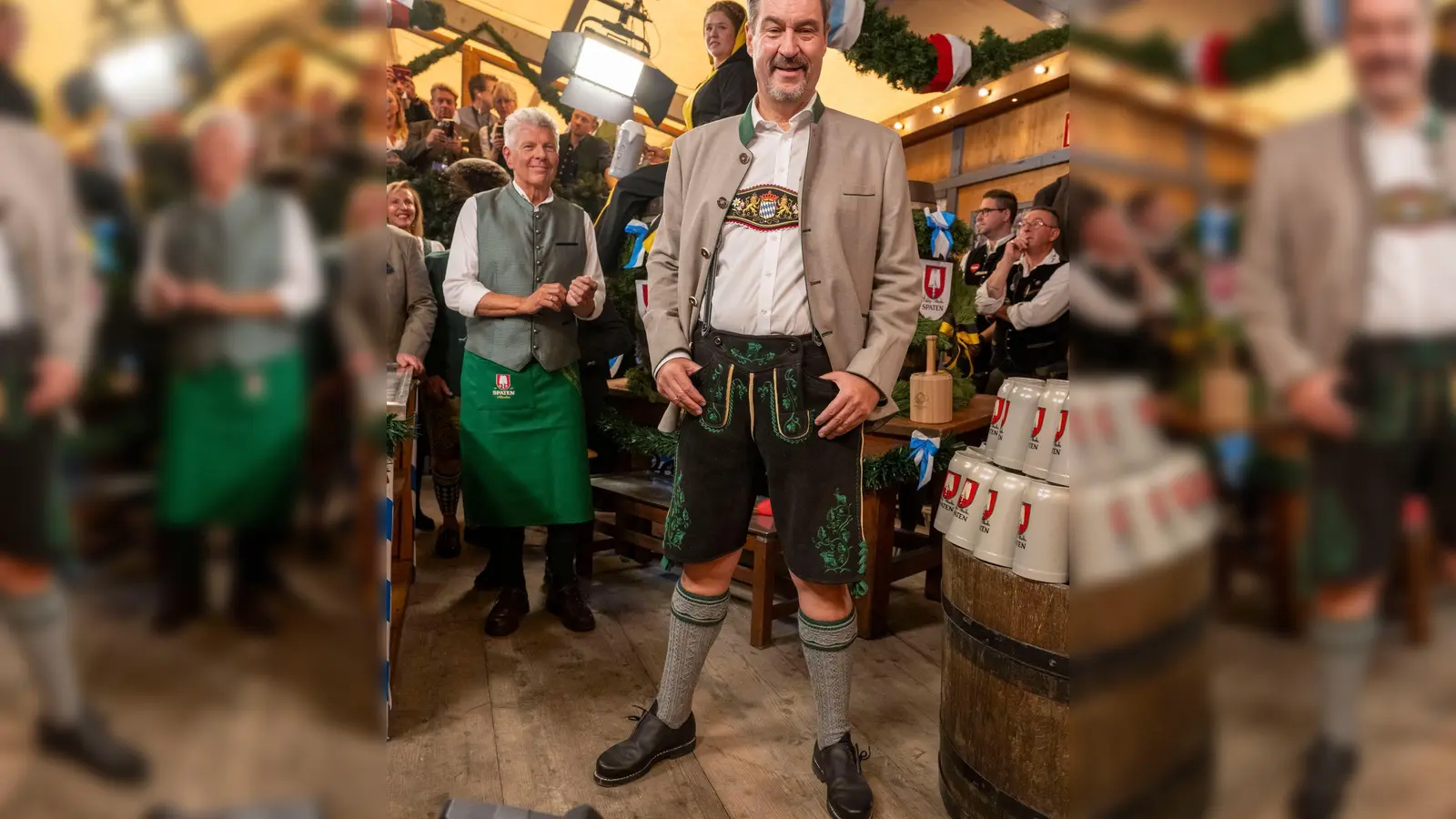 Ministerpräsident Markus Söder besucht erstmals in Lederhose die Wiesn. (Foto: Peter Kneffel/dpa)