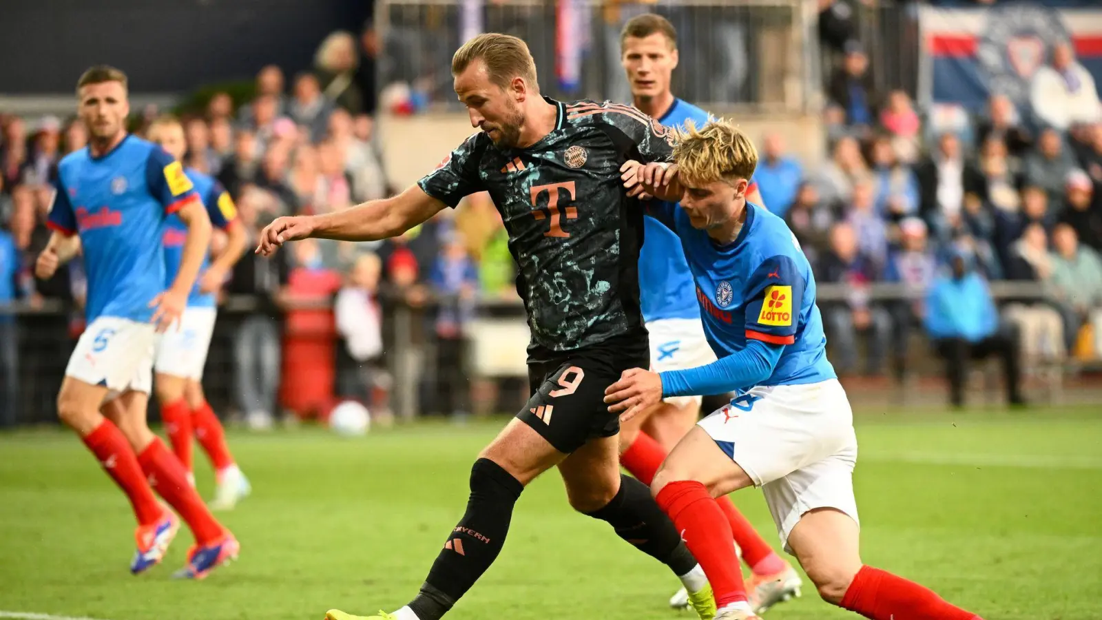 Bayerns Harry Kane (l-r) behauptet den Ball gegen Kiels Finn Porath. (Foto: Gregor Fischer/dpa)