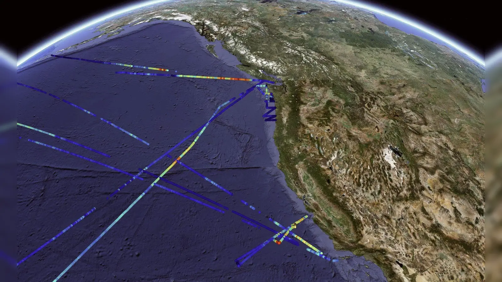 Verteilung der Phytoplankton-Biomasse, gemessen mit SeaFlow-Zytometrie vor der Küste Kaliforniens. Die farbcodierten Linien stellen die Biomassekonzentrationen dar, wobei wärmere Farben (rot-gelb) eine höhere Phytoplanktondichte und kühlere Farben (blau) eine geringere Konzentration anzeigen. (Foto: Francois Ribalet/dpa)