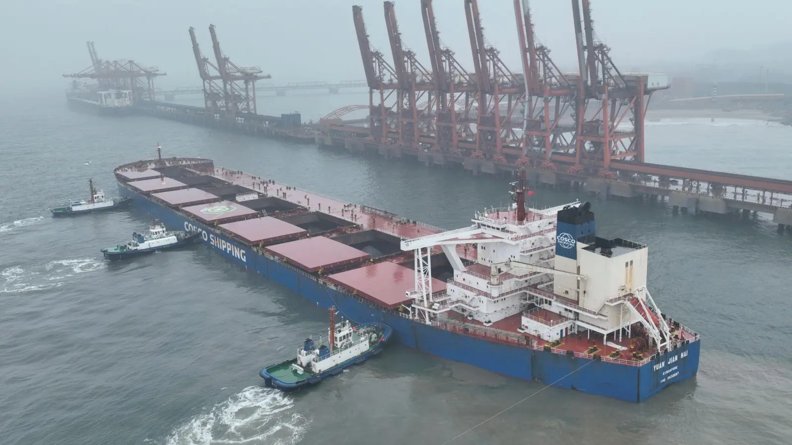 Ein Schiff mit brasilianischem Eisenerz legt im Hafen von Tangsahn an. Chinas Konkuntur hat im April Schwung verloren.  (Foto: Yang Shiyao/XinHua/dpa)