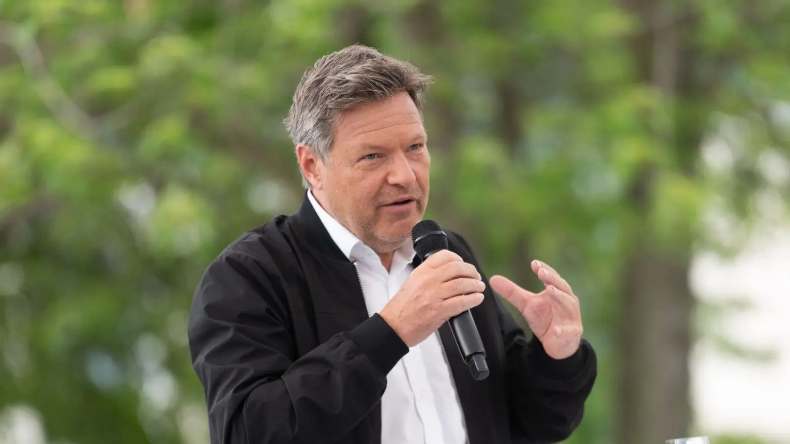 Vizekanzler Robert Habeck fand beim Demokratiefest in Berlin deutliche Worte für das Vorgehen Israels im Gazastreifen. (Foto: Christophe Gateau/dpa)