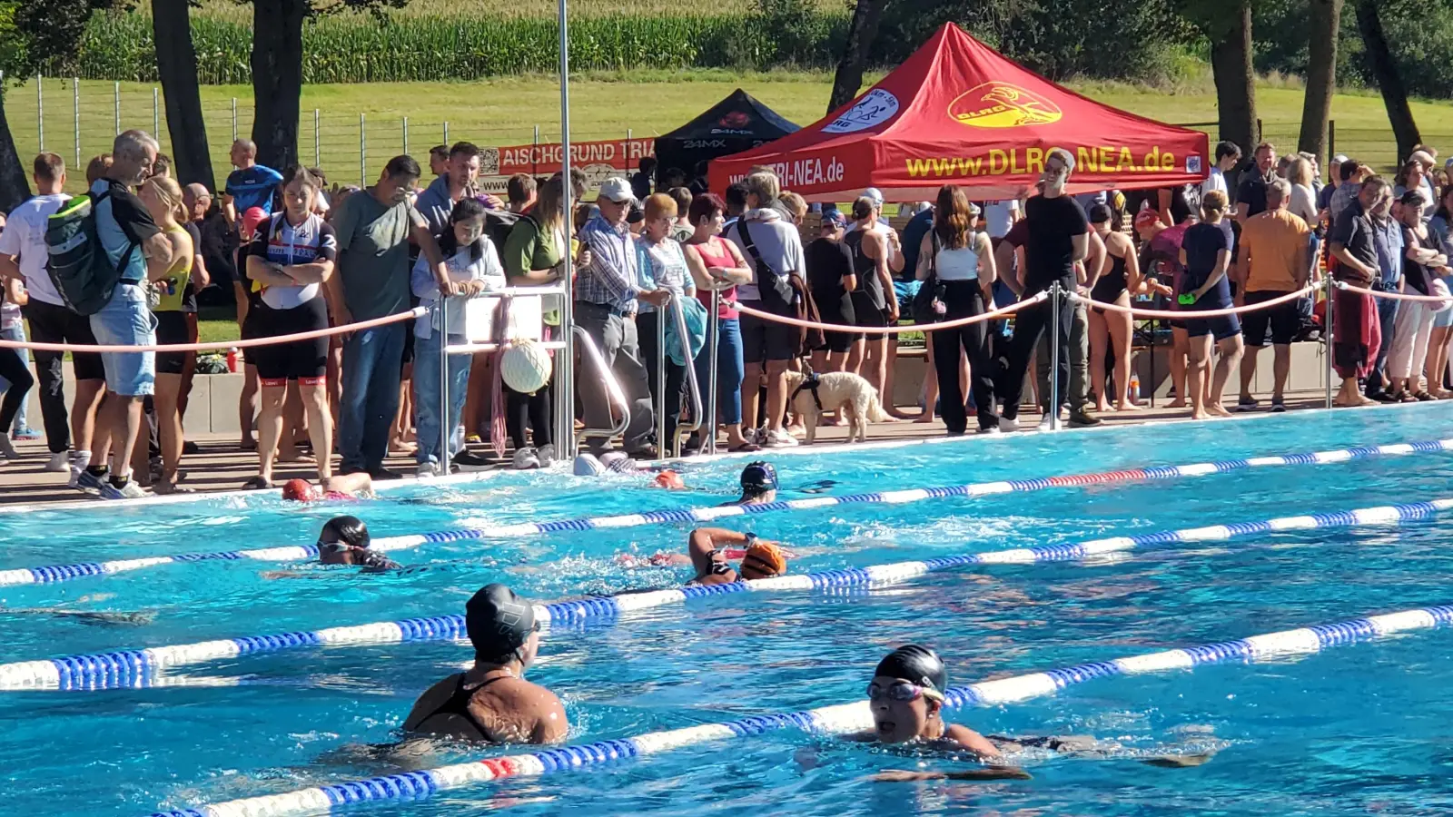 Viele Zuschauer und Zuschauerinnen feuerten die Athleten im Schwimmbecken, beim Radeln und Laufen an. (Foto: Ulli Ganter)