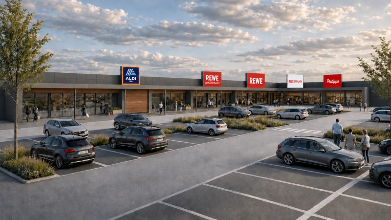 So soll der vollständig modernisierte Einkaufsstandort an der Meinhardswindener Straße einmal aussehen. Die Wiedereröffnung ist nach derzeitigem Stand für den Oktober 2027 geplant. (Foto: Kehrbach Planwerk GmbH & Co. KG)
