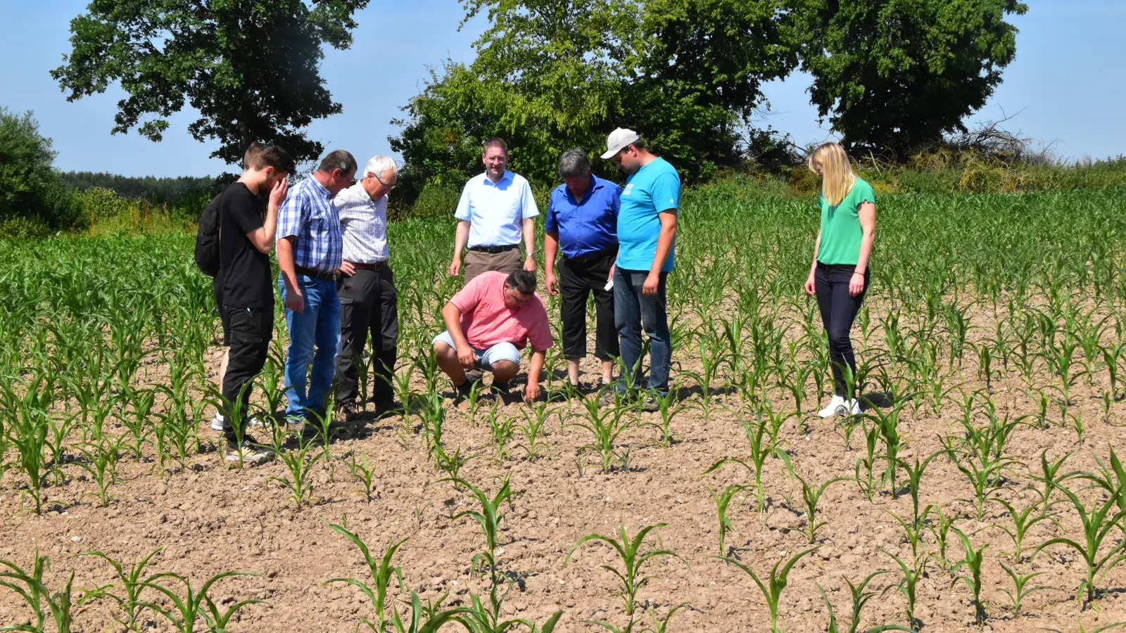 Kaum mehr Aussichten auf einen guten Maisbestand (von links) haben David Lindörfer vom BBV, Landwirt Thomas Ziegelmeier, Dieter Proff, Dr. Jürgen Ludwig, Reinhold Meyer, Fritz Hein, Markus Förster und Carola Reiner. (Foto: Fritz Arnold)